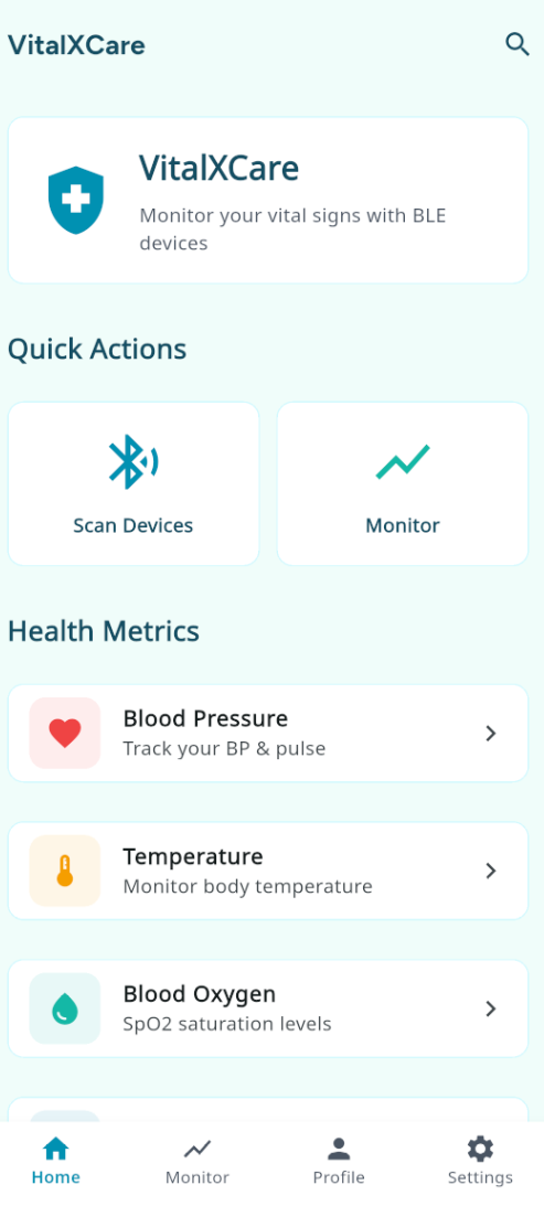 VitalXCare health monitoring app dashboard - real-time blood pressure, heart rate, and temperature readings on Android