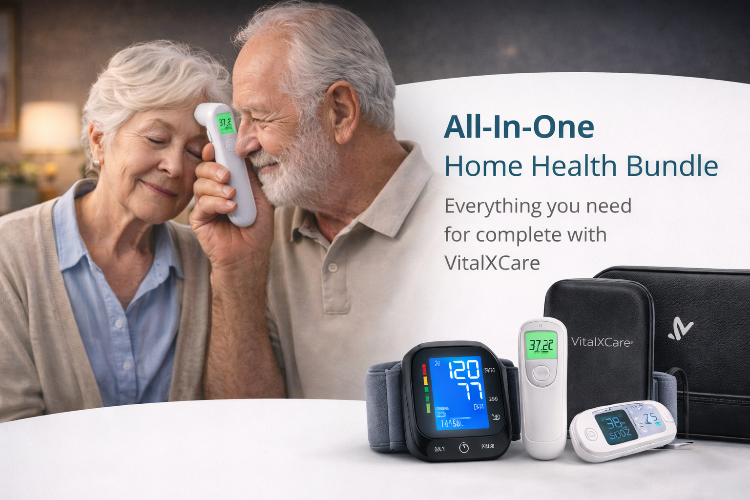 All-In-One Home Health Bundle - Complete VitalXCare monitoring ecosystem with blood pressure monitor, thermometers, and oximeter
