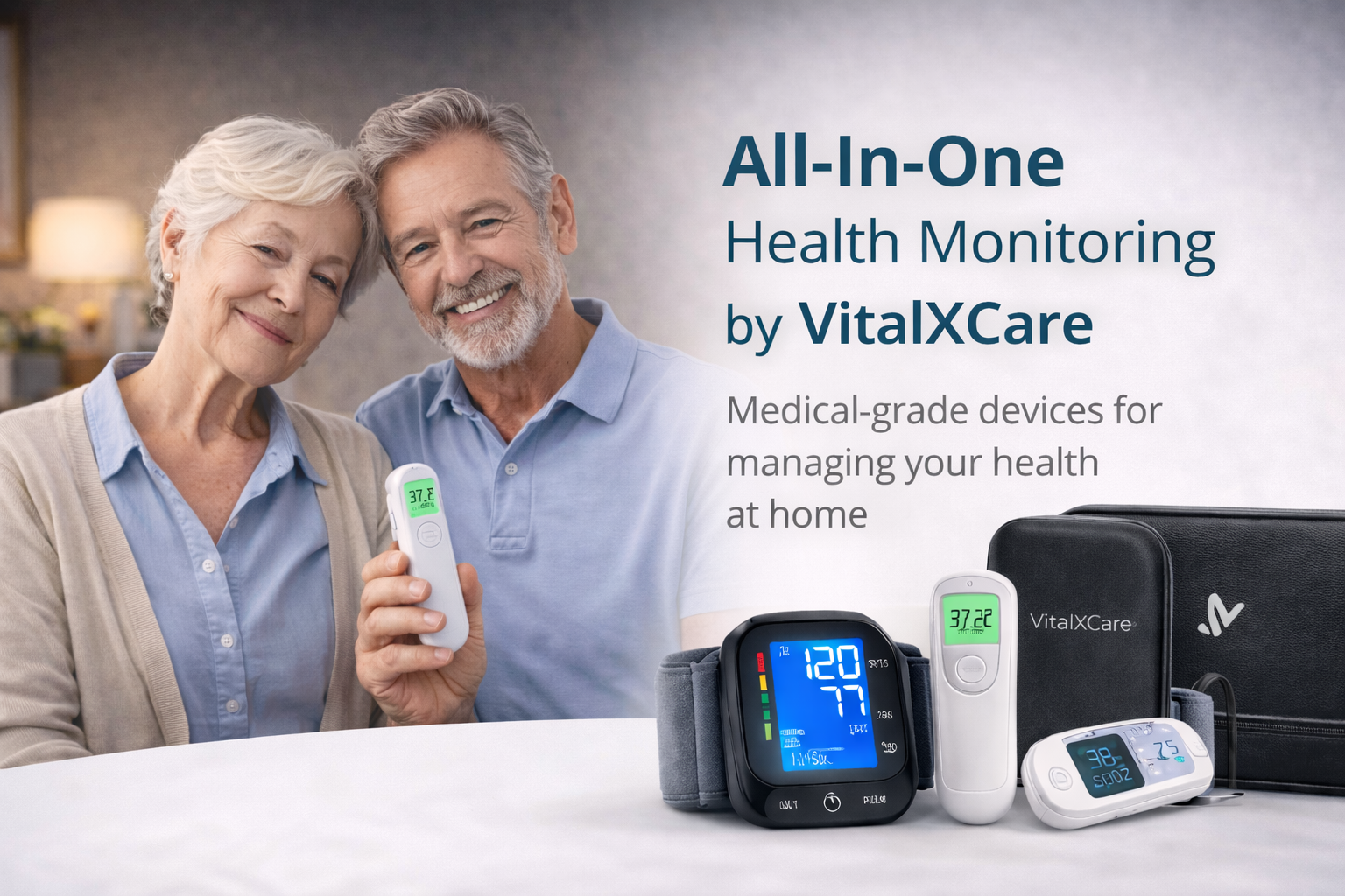 Happy elderly couple using VitalXCare health monitoring devices at home